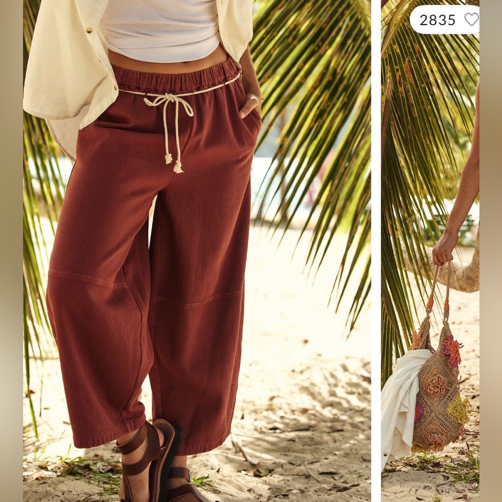 Free People Cropped Wide-Leg Drawstring Pants in Rust Brown